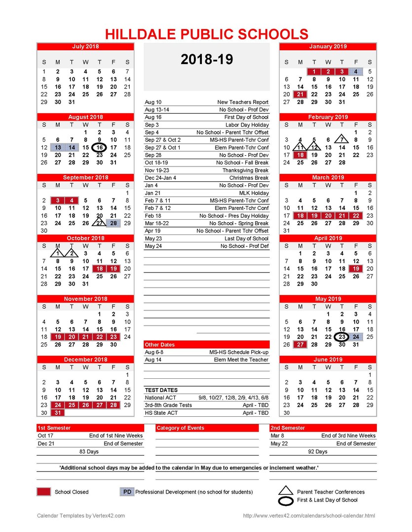 Hilldale Public Schools 2018 2019 School Calendar